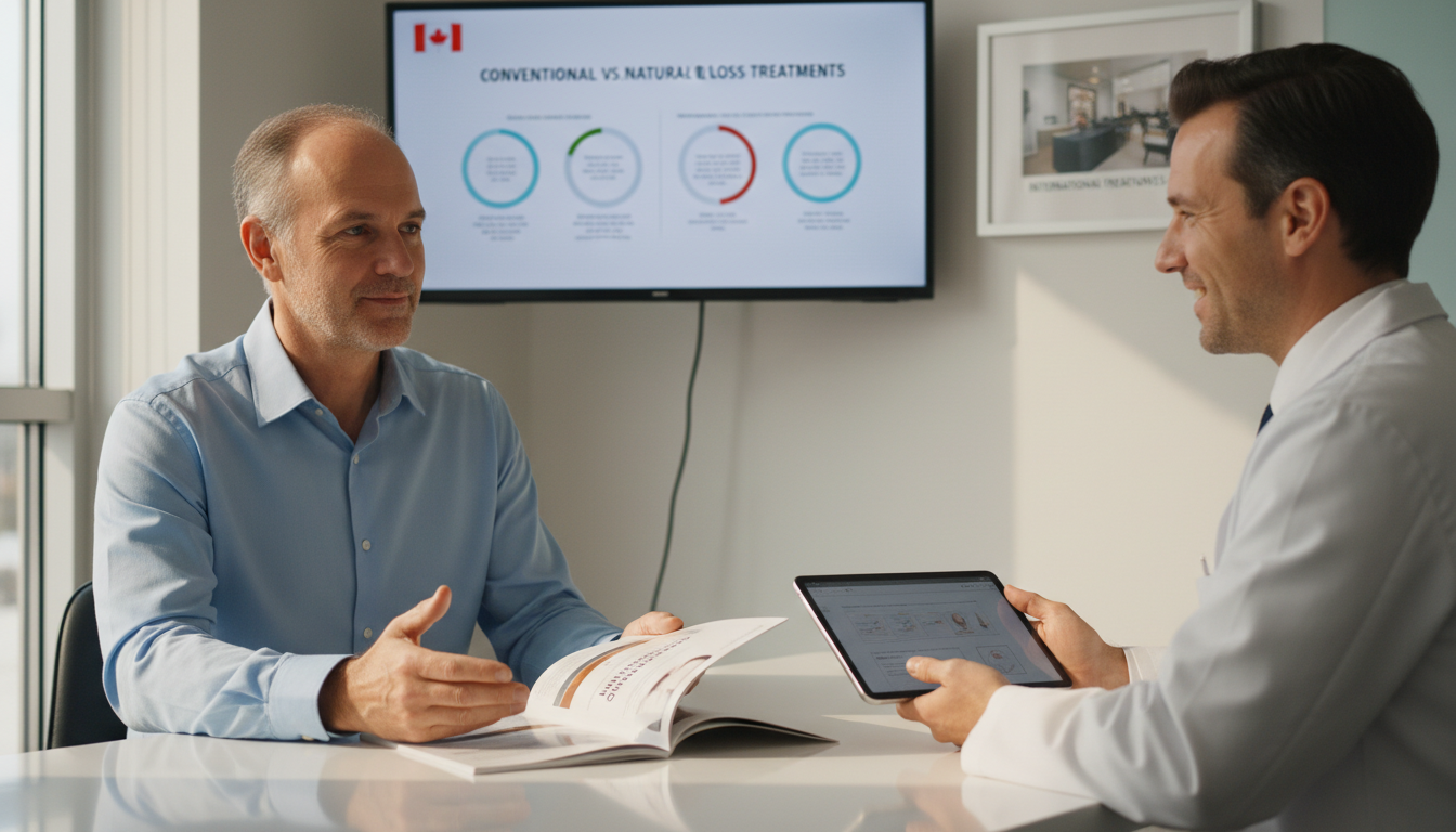 Hyper-realistic image of a middle-aged Canadian man with thinning hair in a modern clinic, engaged in a detailed consultation with a doctor using a digital tablet and treatment brochures, with a Canadian flag subtly visible in the background.
