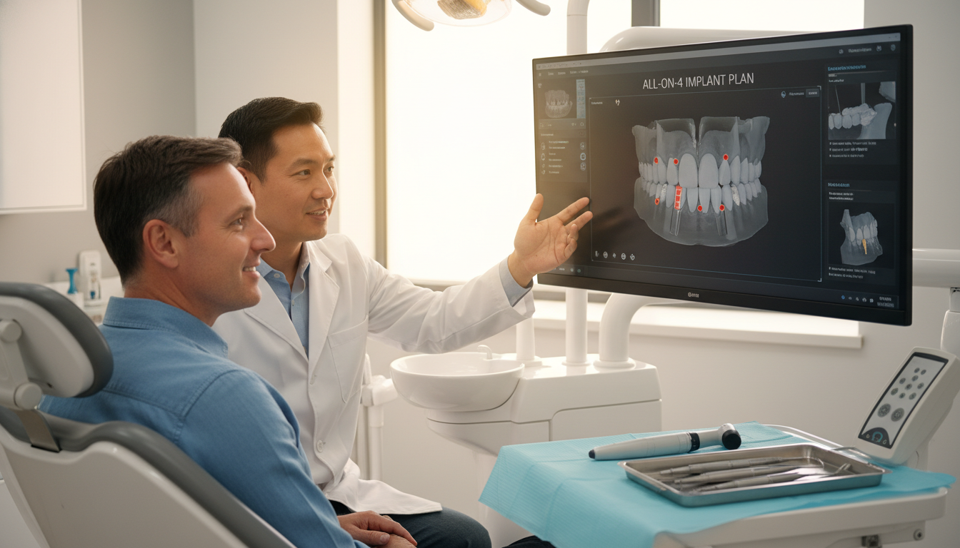 A detailed scene in a modern dental clinic featuring a Canadian patient and a dentist discussing All-on-4 dental implants using advanced digital imaging.