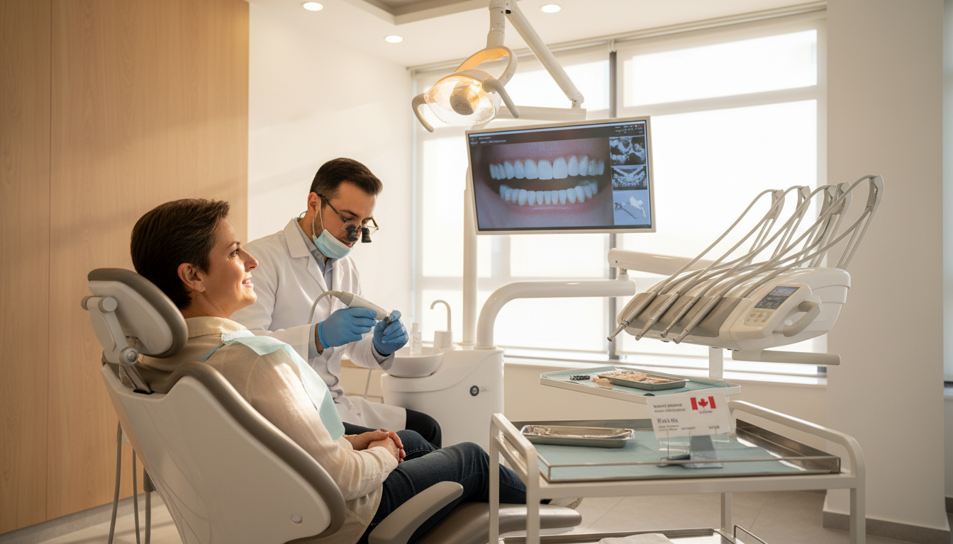 Ultra-realistic dental clinic scene in Turkey with a Canadian patient and focused dentist performing a Hollywood Smile Makeover procedure using advanced digital imaging and custom veneers.