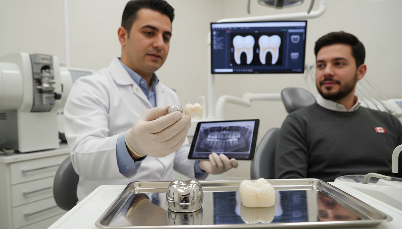 Hyper-realistic image of a dentist demonstrating zirconium and porcelain crowns to a Canadian patient in a modern Turkish dental clinic, with detailed crown textures and advanced imaging equipment.