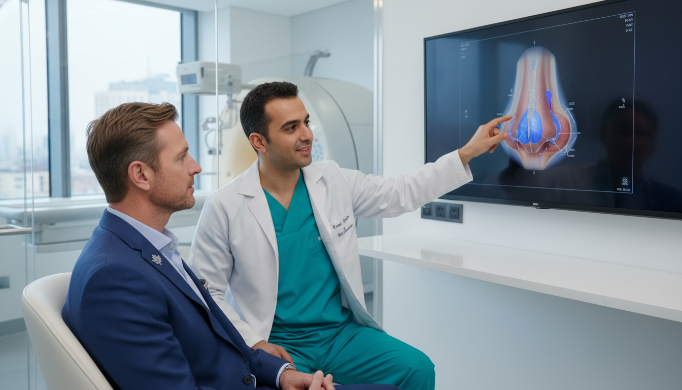 8K hyper-realistic photo of a Canadian patient and a Turkish surgeon in a modern hospital consultation room, discussing a 3D nasal imaging display.
