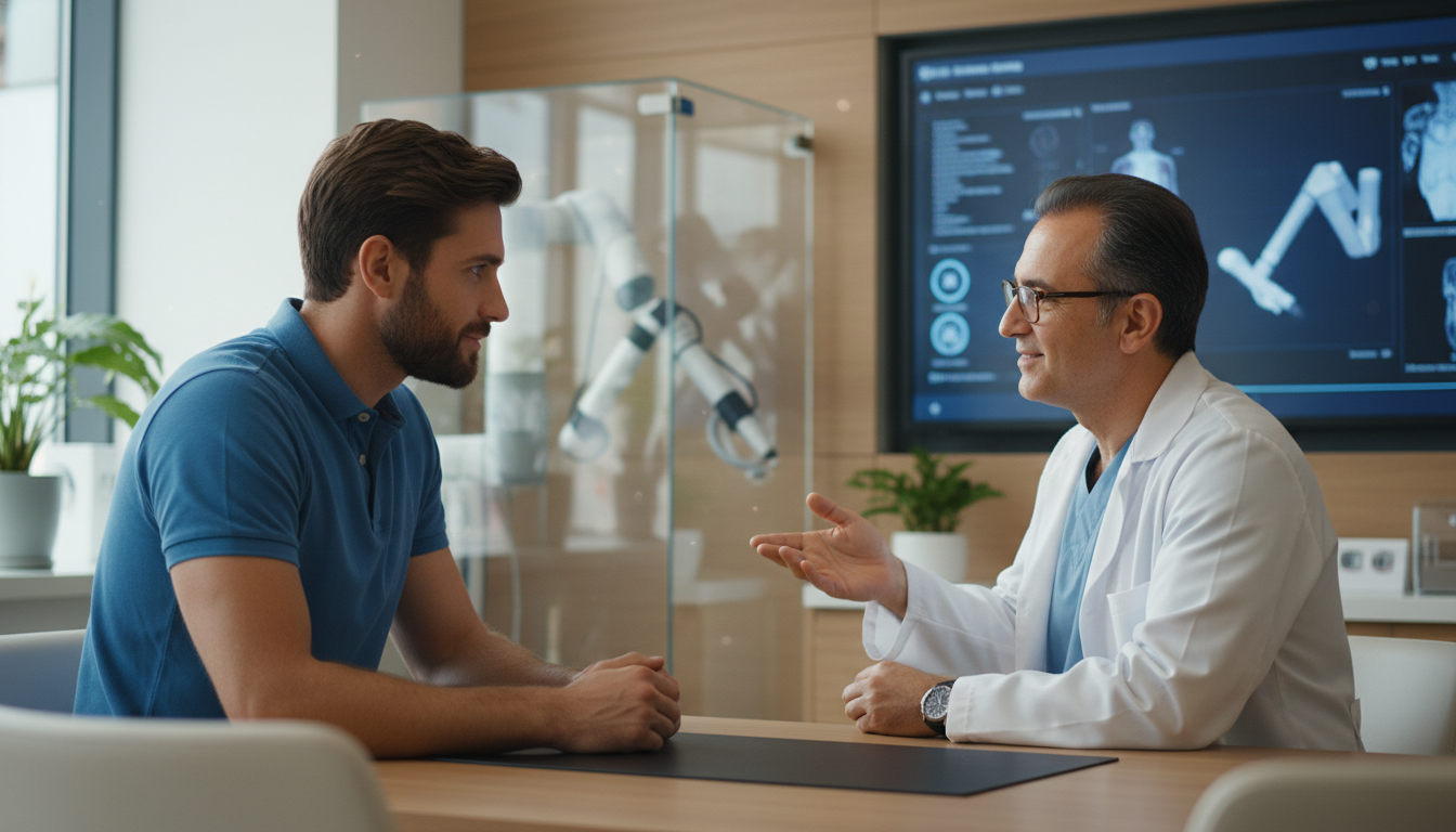 A photorealistic high-definition image of a Canadian patient consulting with a surgeon in a modern Turkish clinic, showing detailed facial features and clinical environment.