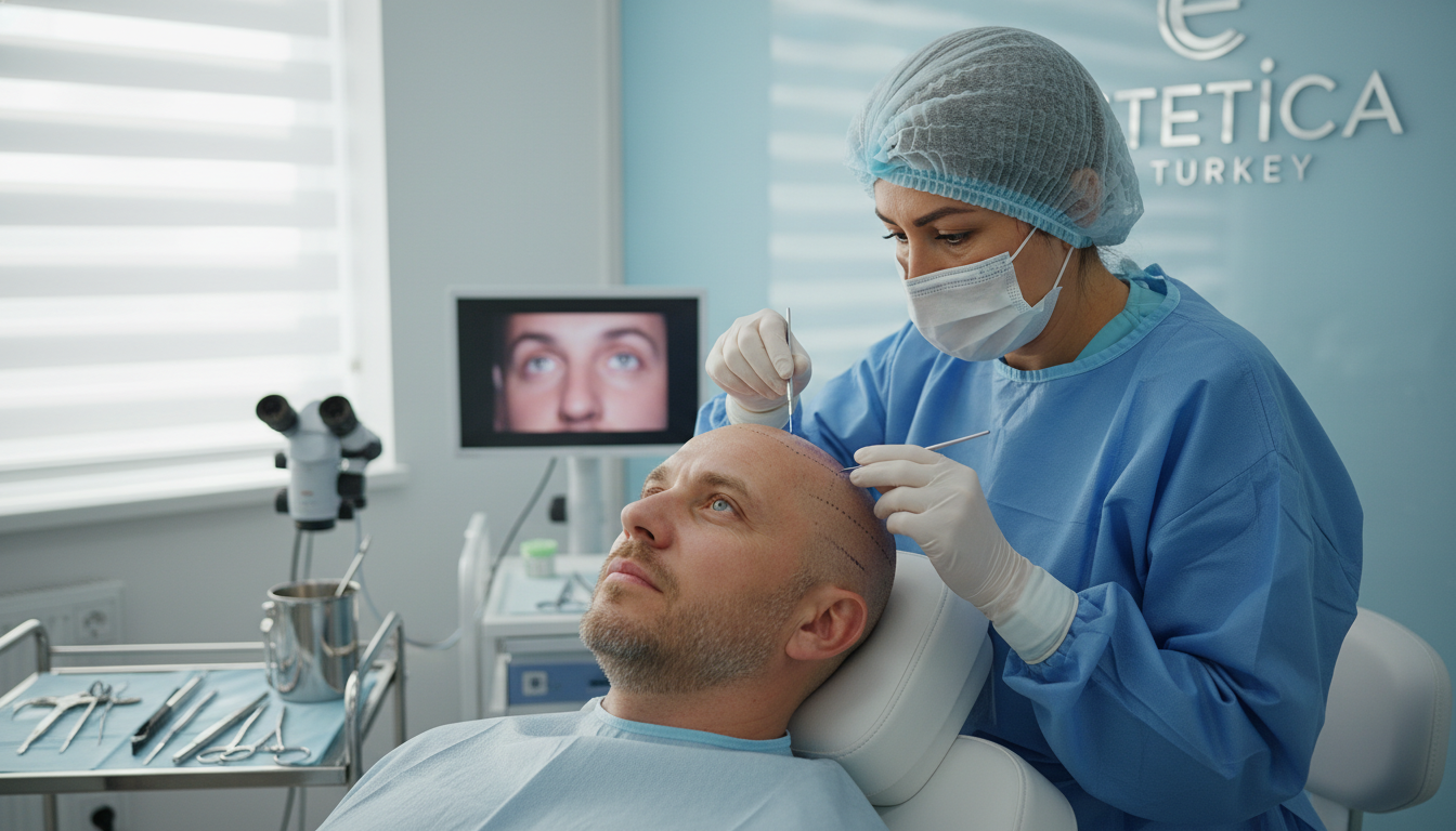 Photorealistic image of a modern hair transplant procedure in Turkey featuring a skilled surgeon using a sapphire blade in a clinical setting with a Canadian patient.