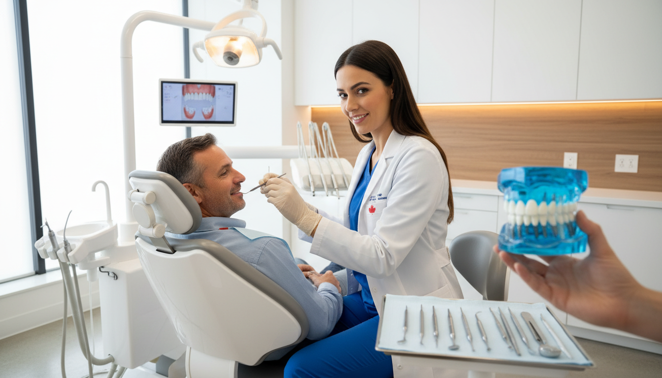 Highly realistic photo of a dental surgeon performing an all-on-4 implant procedure in a modern, well-lit Canadian dental clinic with crisp details on hands, instruments, and technology.