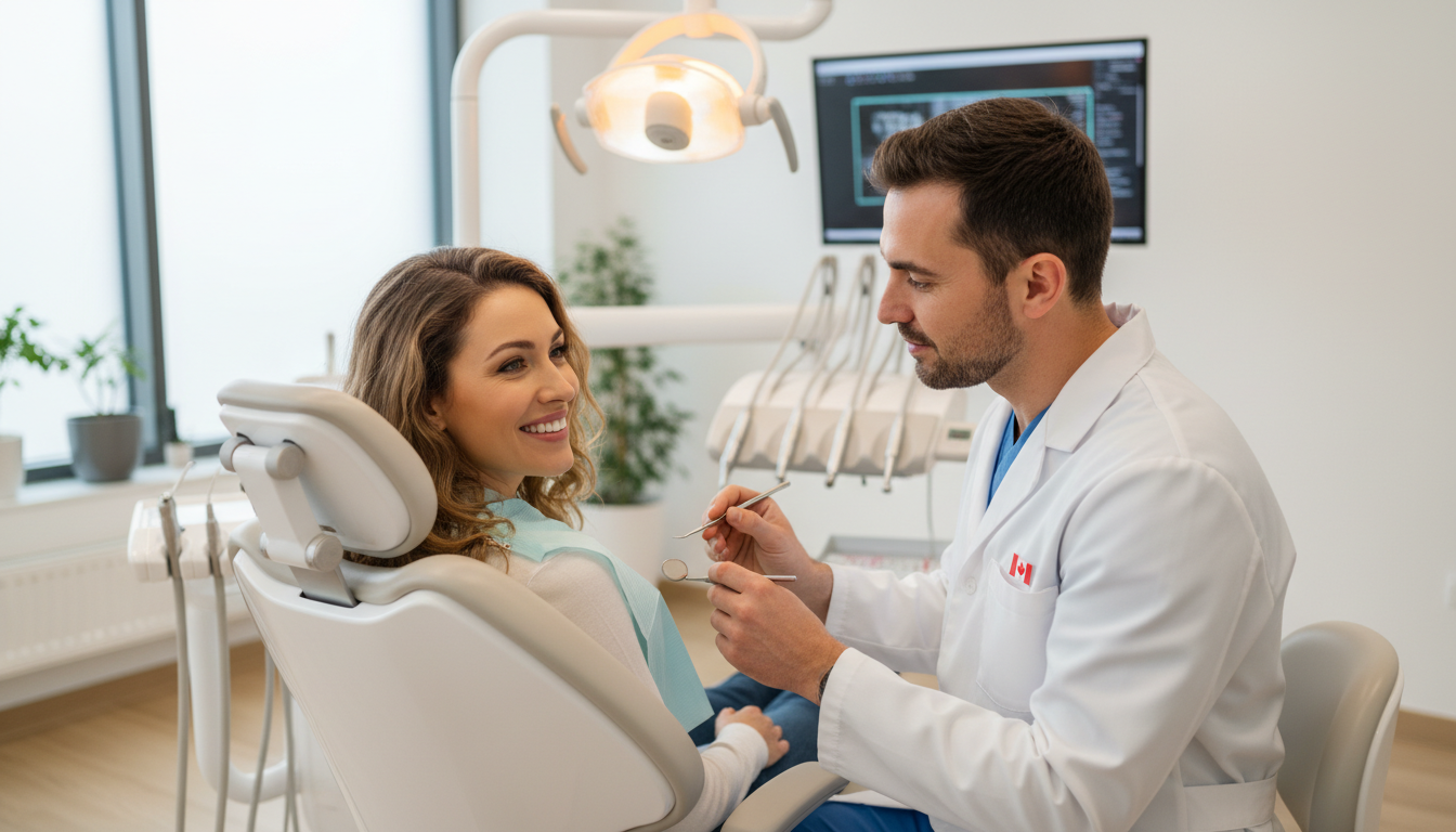 A smiling Canadian patient in a modern dental clinic with an attentive dentist examining his teeth using advanced equipment, under soft natural lighting.