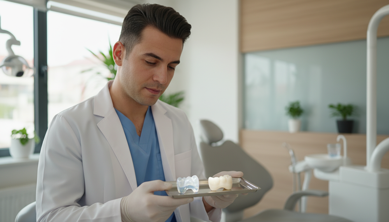 Ultra-realistic 4K photo of a dentist showcasing two detailed dental crowns (zirconium and porcelain) in a modern Turkish clinic.