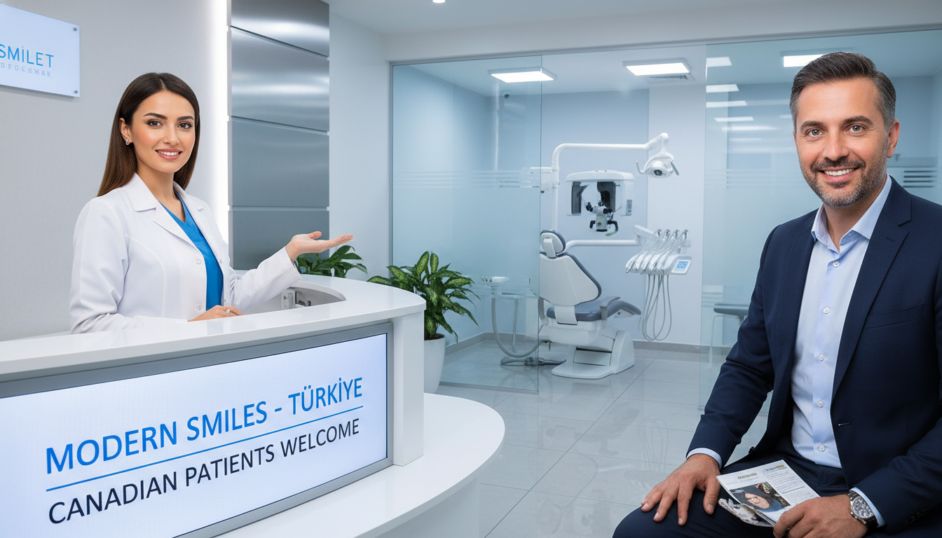 Ultra realistic 4k photo of a modern Turkish dental clinic with advanced equipment, a friendly dentist in a white coat, and a clean, well-lit reception area.