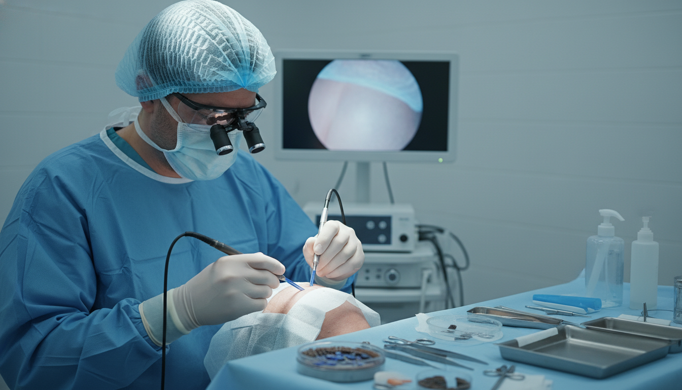 A 4K realistic image of a surgeon performing a Sapphire FUE hair transplant with precise incisions in a modern clinical setting.