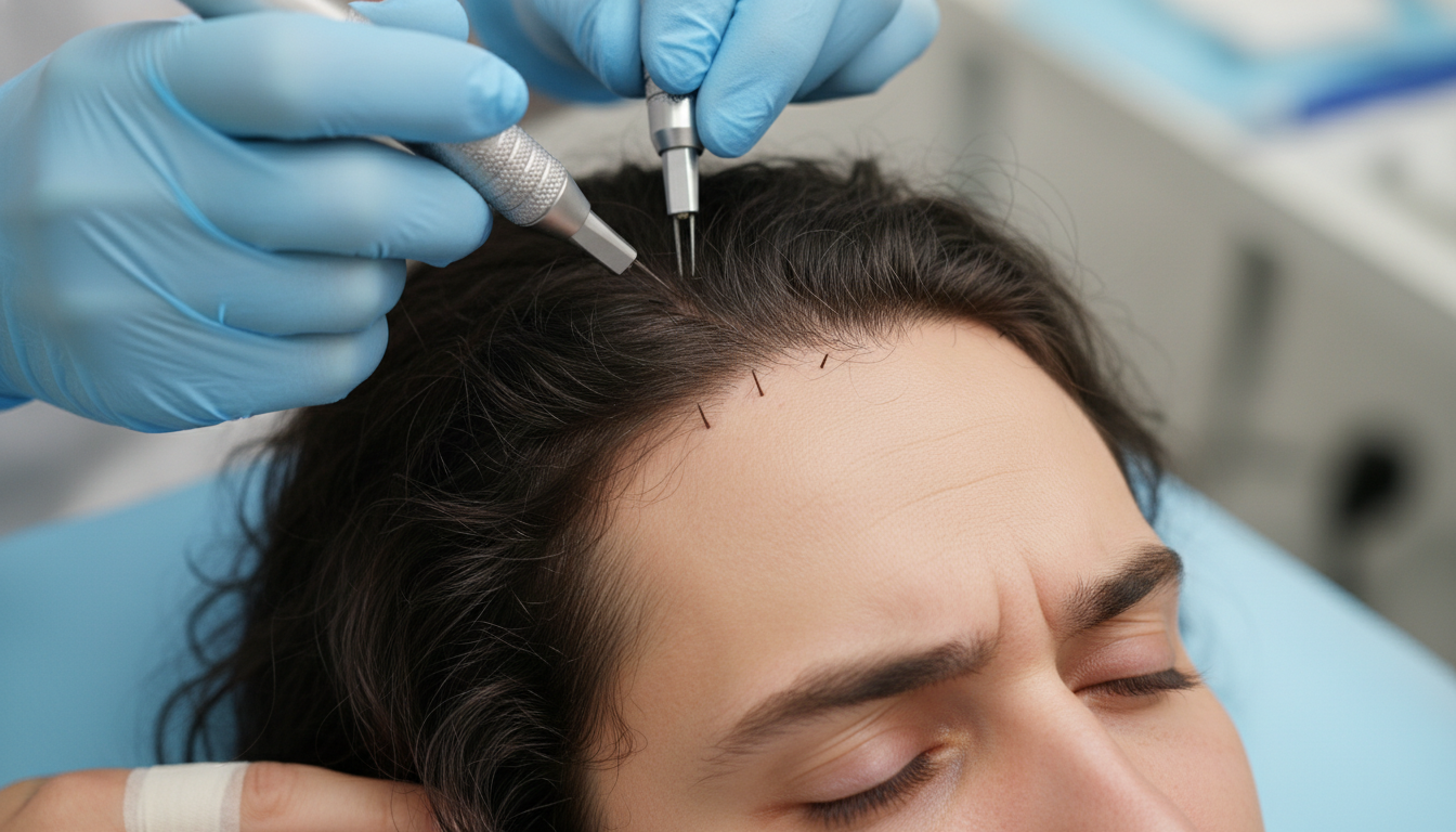Close-up 4K photo of a hair transplant procedure showing detailed scalp and precise implantation by a surgeon.