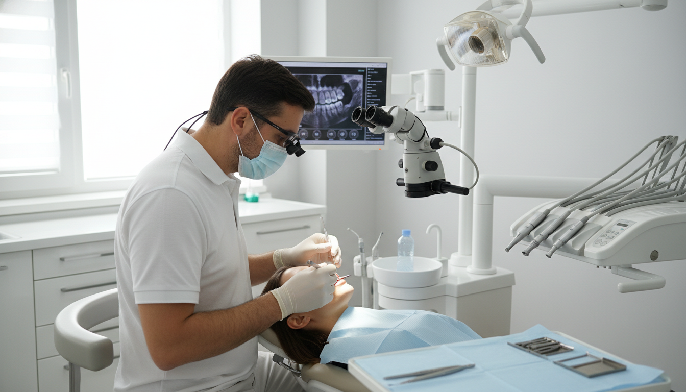 Photo realistic view of a dentist during a dental implant procedure in a modern clinic, highlighting detailed hands, clear eyes, and precision tools.