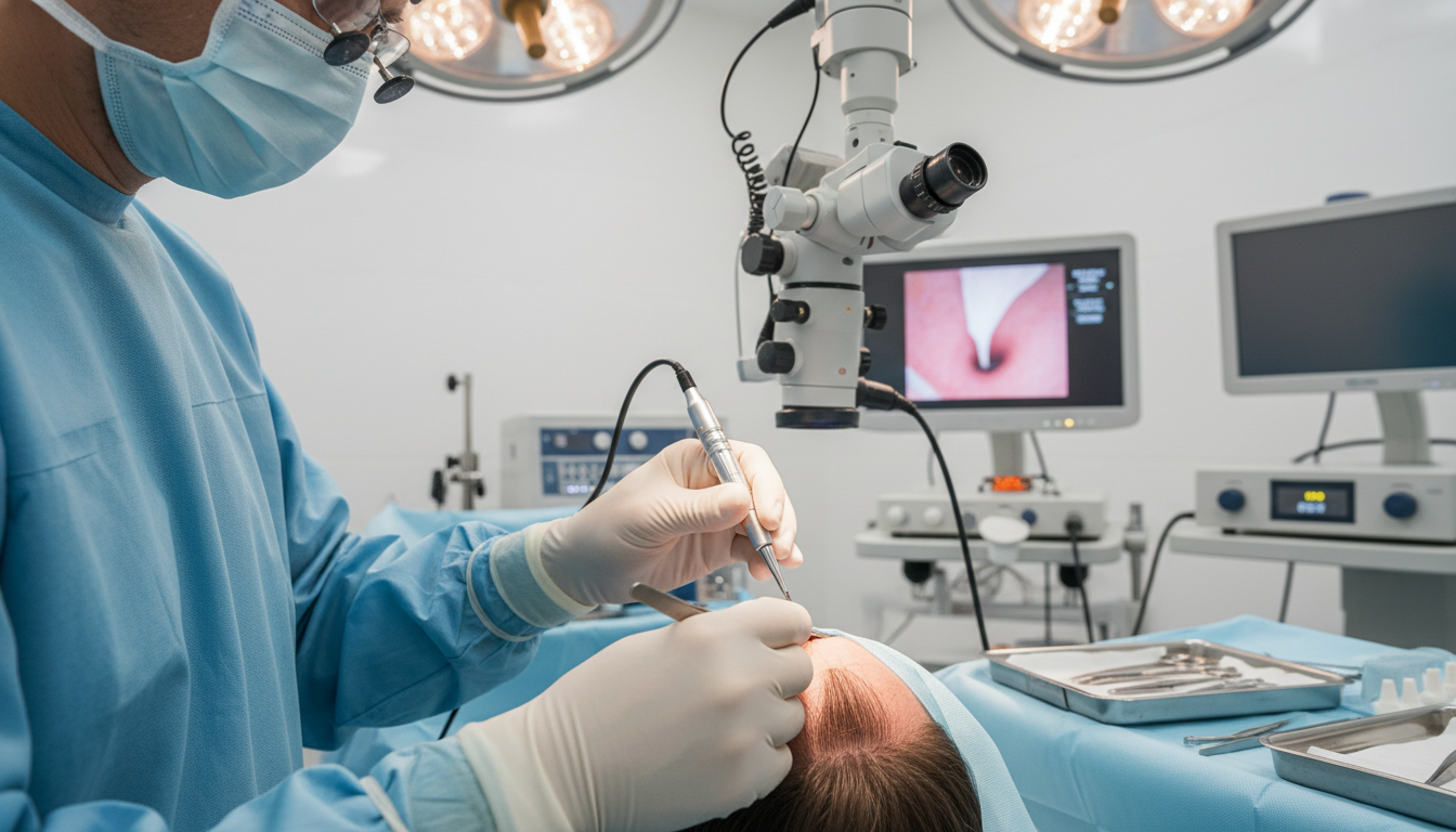 A realistic 4k photo of a surgeon performing an FUE hair transplant procedure with clear focus on hands, eyes, and advanced equipment.