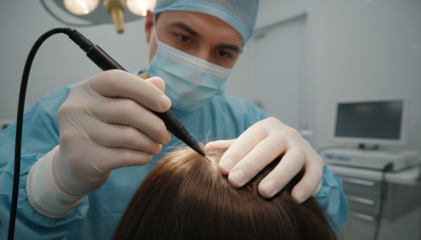 A highly detailed 4k photo-realistic close-up of a surgeon's hands and precise instruments during a DHI hair transplant procedure in a clean clinical environment, with clear depiction of eyes, fingers, and natural hair details.