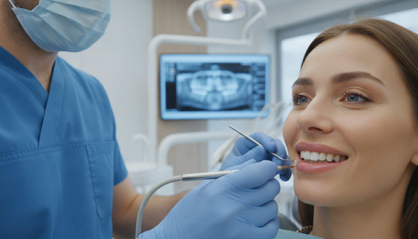 A realistic 4K photo of a Canadian patient in a Turkish dental clinic, close-up on her smile showing zirconium and porcelain crowns with a dentist examining her teeth using modern equipment.