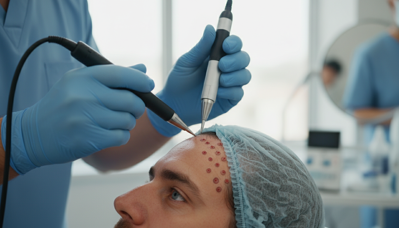 A realistic 4K photo capturing a Canadian patient in a Turkish clinic during a precise DHI hair transplant procedure with clear details of scalp, eyes, and hands.