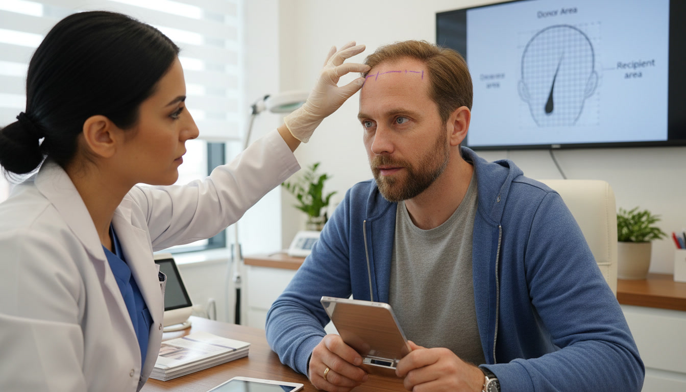Photorealistic image of a Canadian man in a modern clinic, detailed close-up of his face, clear eyes, and hands highlighting his hairline, set in a Turkish clinical environment.