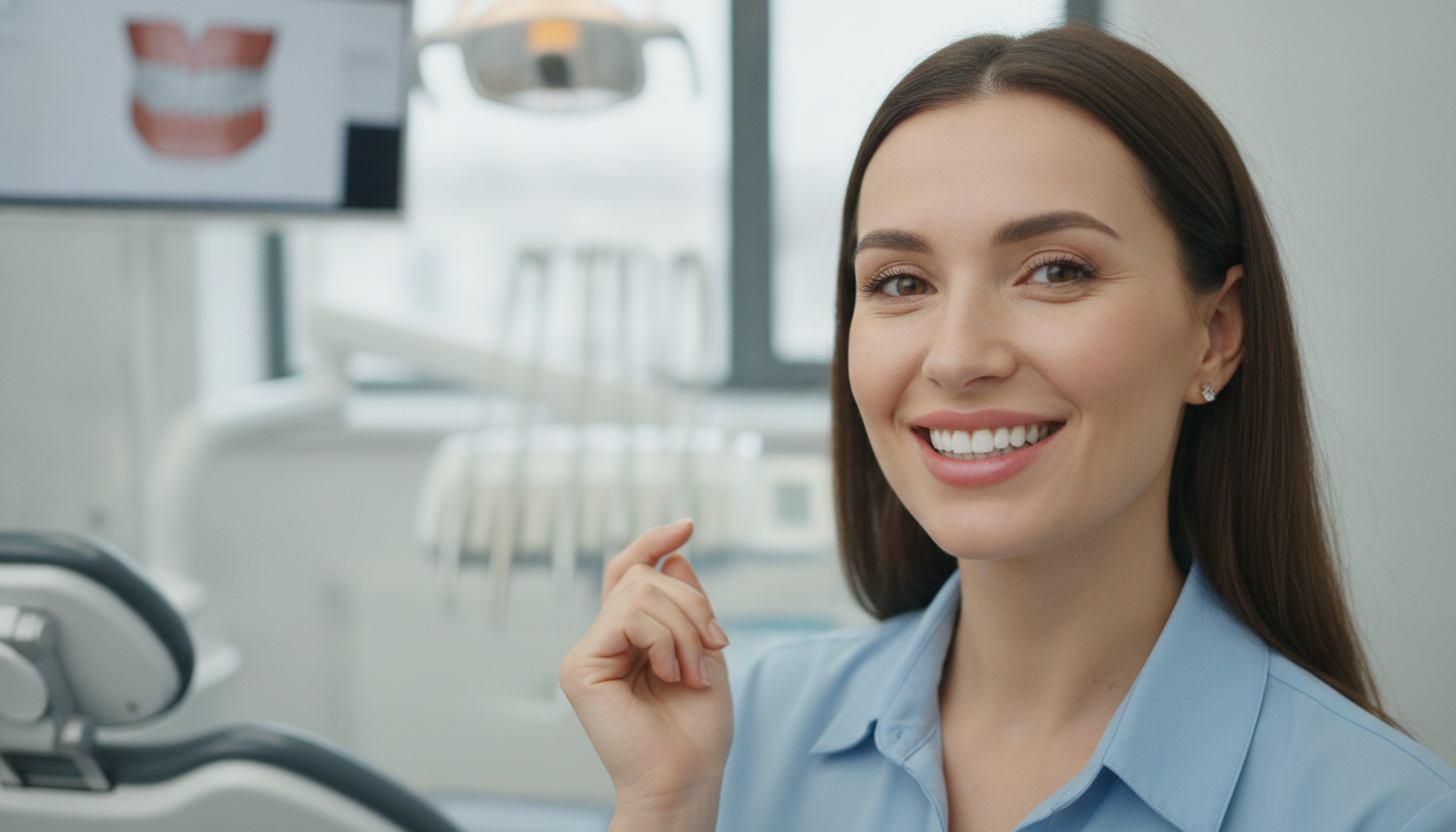 Photo realistic 4K image of a patient with a beautifully transformed smile in a modern dental clinic, emphasizing excellent clinical detail and natural expressions.