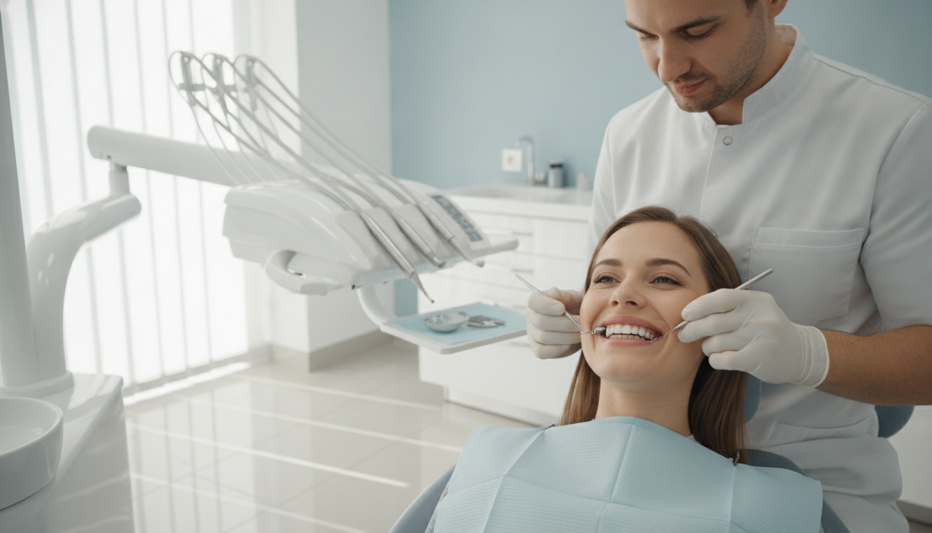 4K photo of a dental procedure in a modern clinic with a smiling patient, clear dental crown detail, and a professional dentist in a pristine environment.