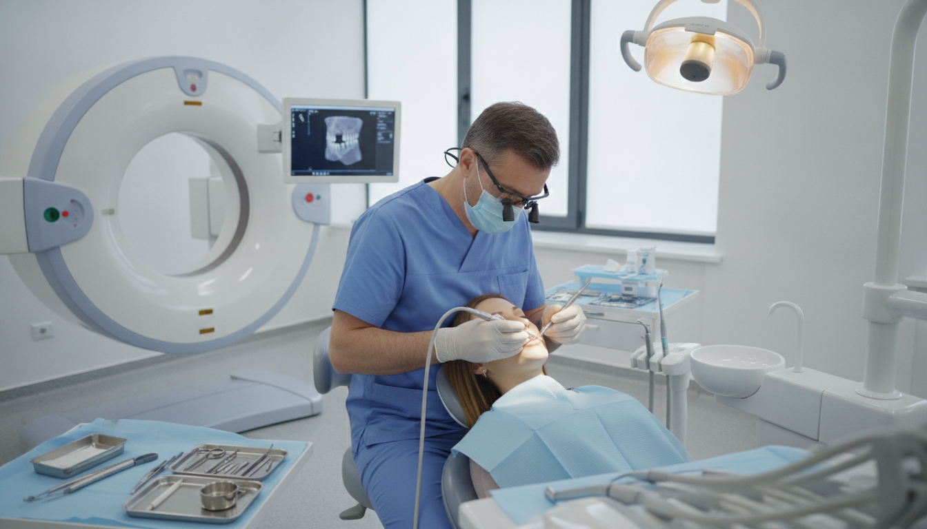 Highly realistic scene of a dental implant procedure with clear details of the dentist, patient, and advanced imaging equipment in a modern clinic.