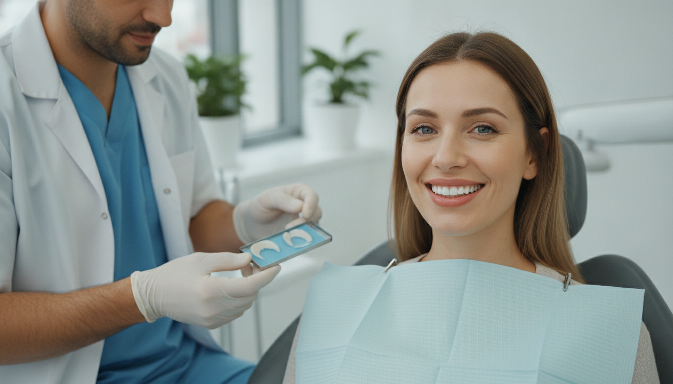 4k realistic photo of a smiling Canadian patient receiving advanced dental care in a modern Turkish clinic, highlighting clear natural facial details and precise dental treatment.